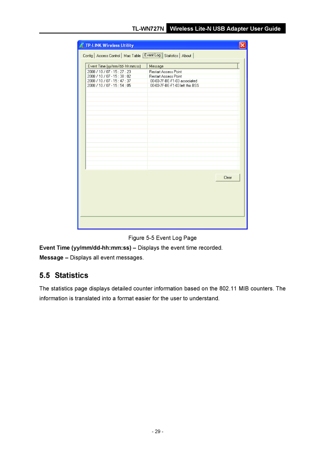 Vizio TL-WN727N manual Statistics, Event Log 