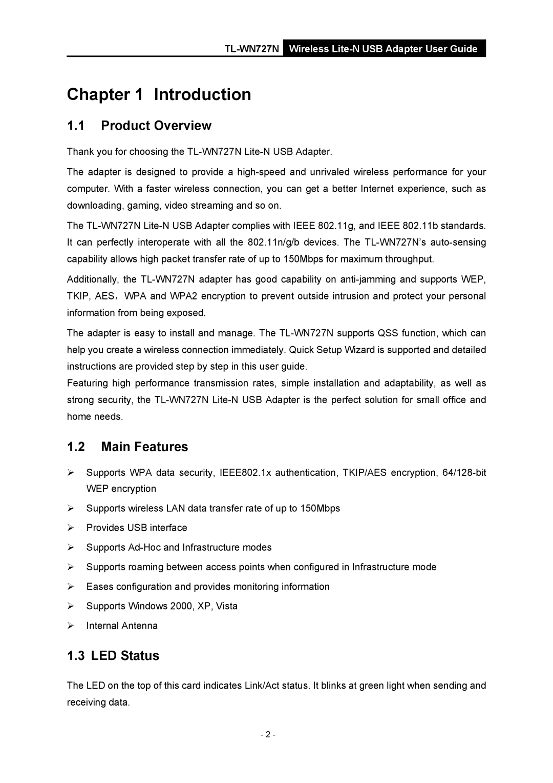 Vizio TL-WN727N manual Introduction, Product Overview, Main Features, LED Status 