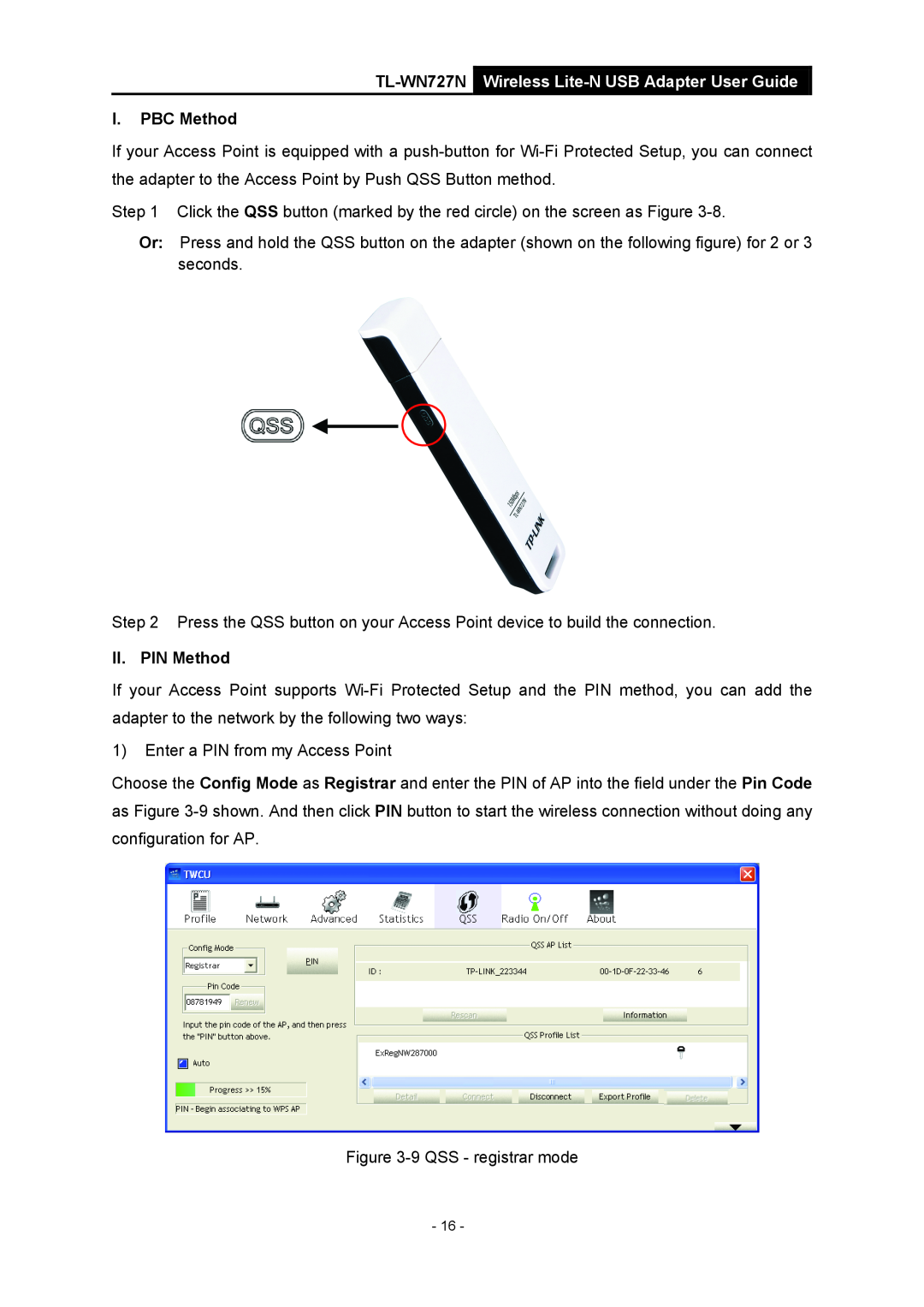 Vizio manual TL-WN727N Wireless Lite-N USB Adapter User Guide, I. PBC Method, II. PIN Method 