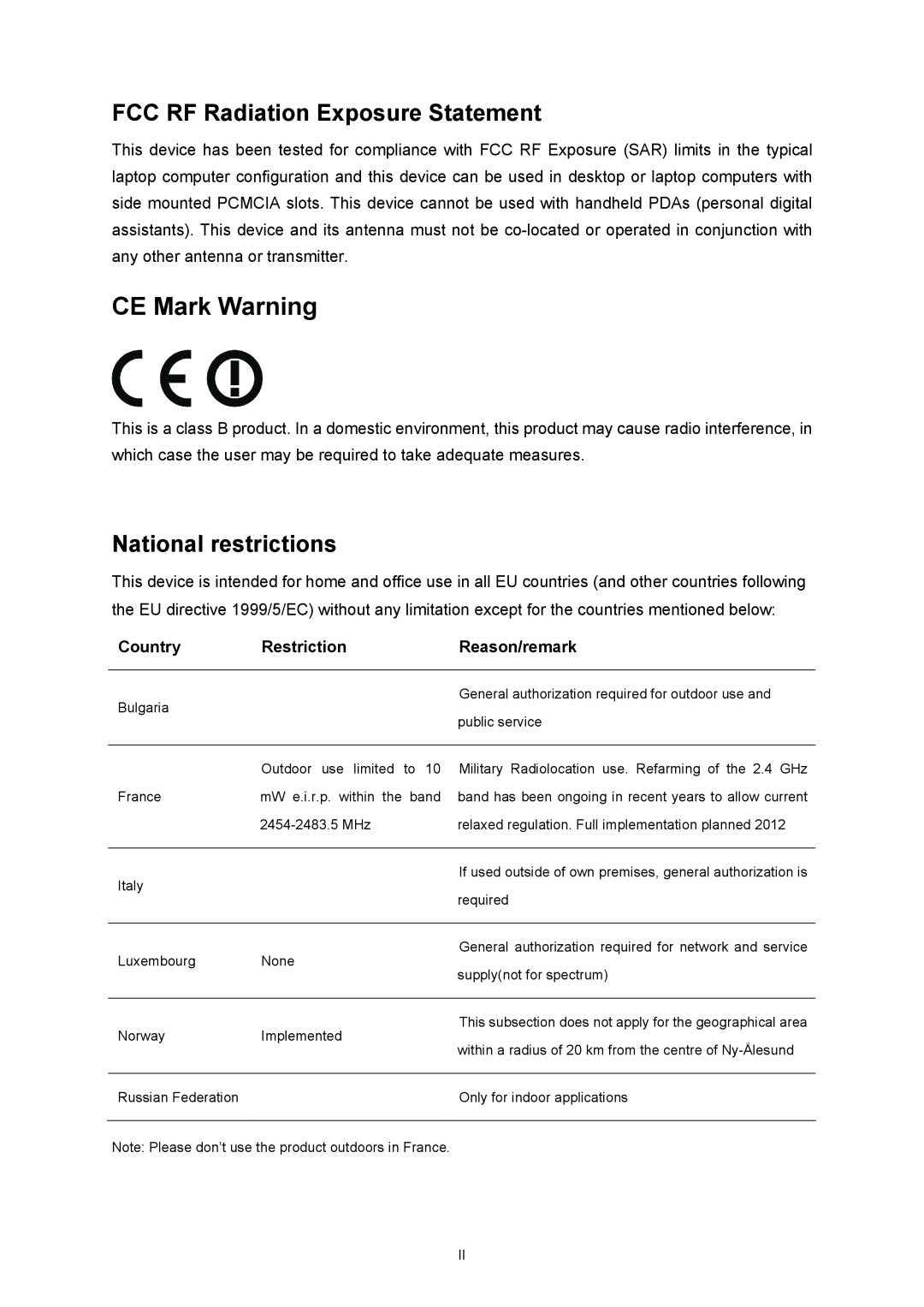 Vizio TL-WN727N manual CE Mark Warning, FCC RF Radiation Exposure Statement, National restrictions, Country, Restriction 