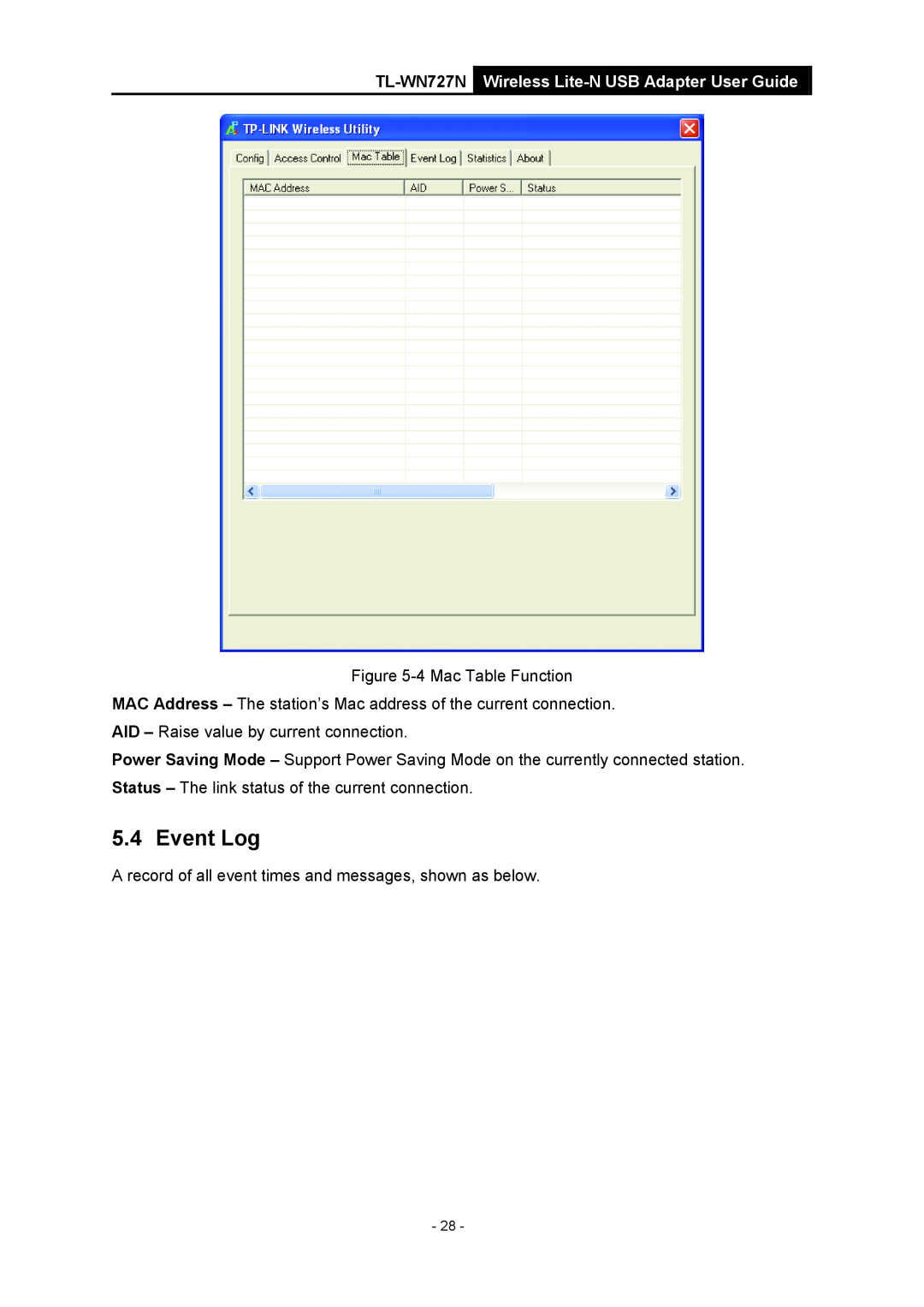 Vizio manual Event Log, TL-WN727N Wireless Lite-N USB Adapter User Guide, 4 Mac Table Function 