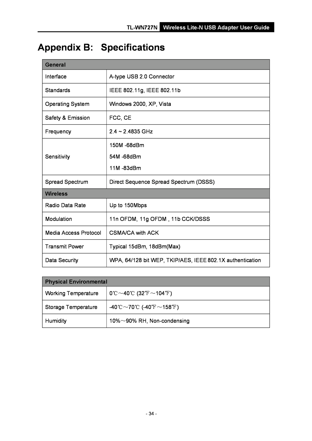 Vizio TL-WN727N manual Appendix B Specifications, Wireless Lite-N USB Adapter User Guide, General, Physical Environmental 