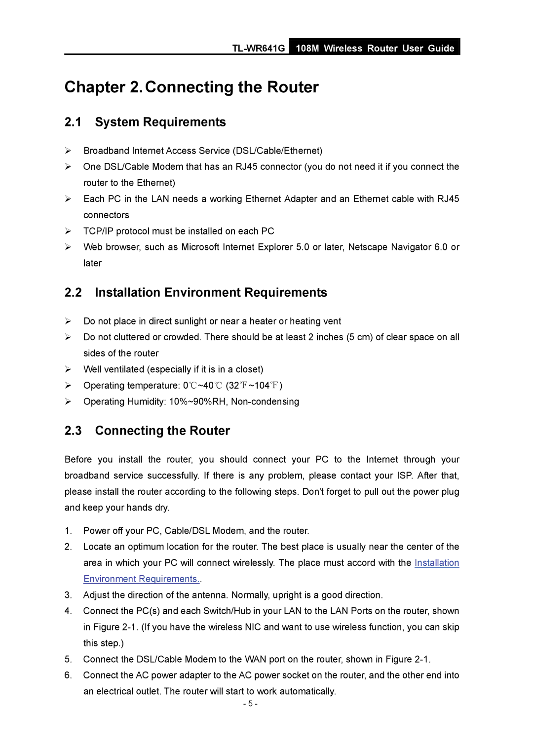 Vizio TL-WR641G manual System Requirements, Installation Environment Requirements, Connecting the Router 