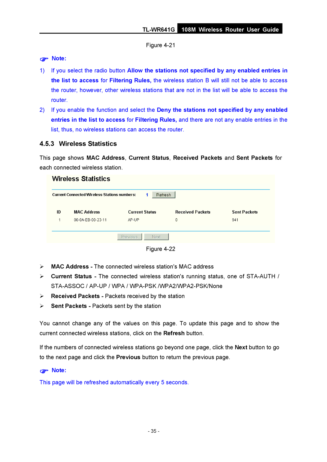 Vizio TL-WR641G manual Wireless Statistics 