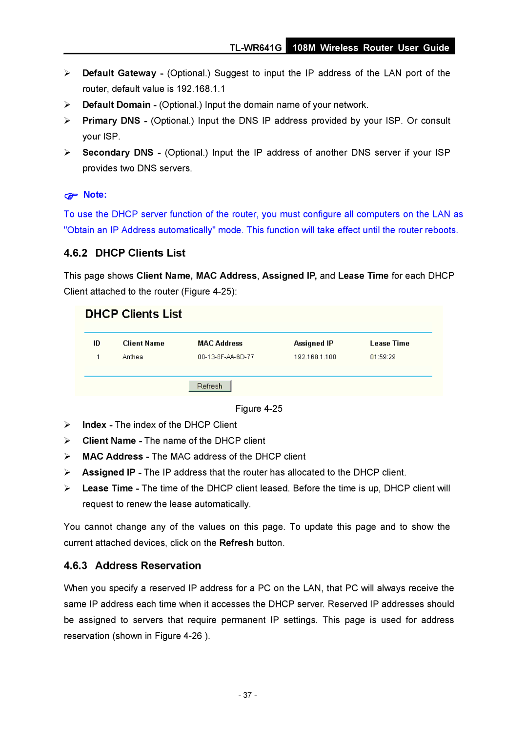 Vizio TL-WR641G manual Dhcp Clients List, Address Reservation 