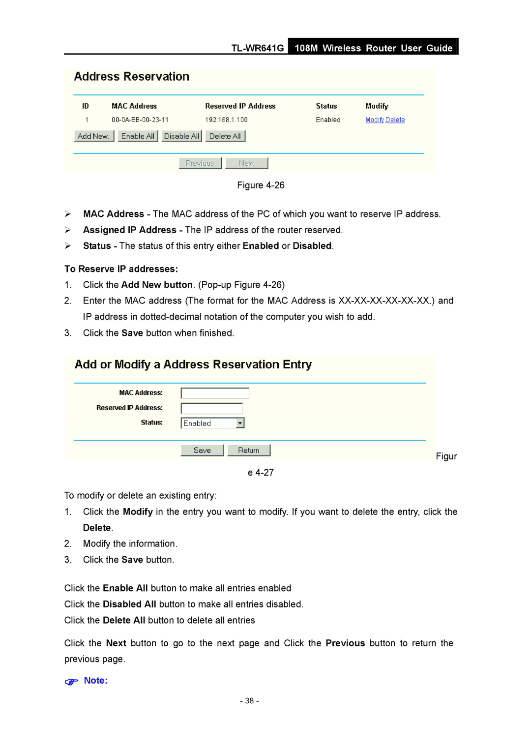 Vizio TL-WR641G manual To Reserve IP addresses 