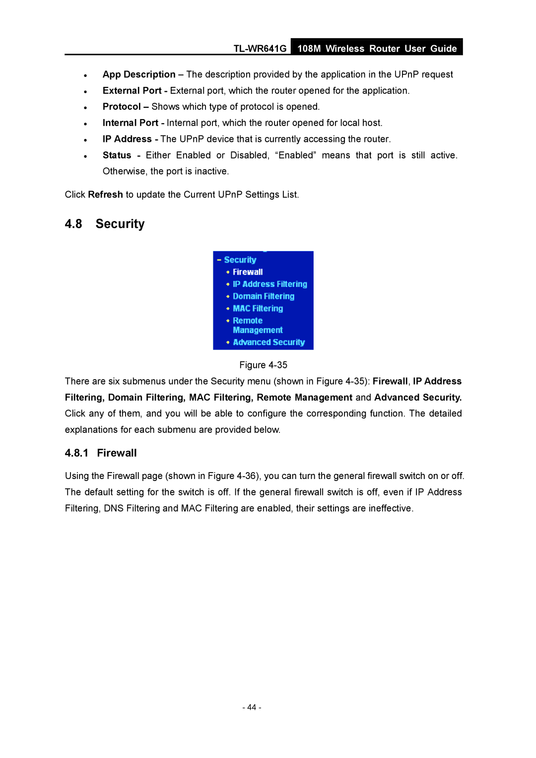 Vizio TL-WR641G manual Security, Firewall 