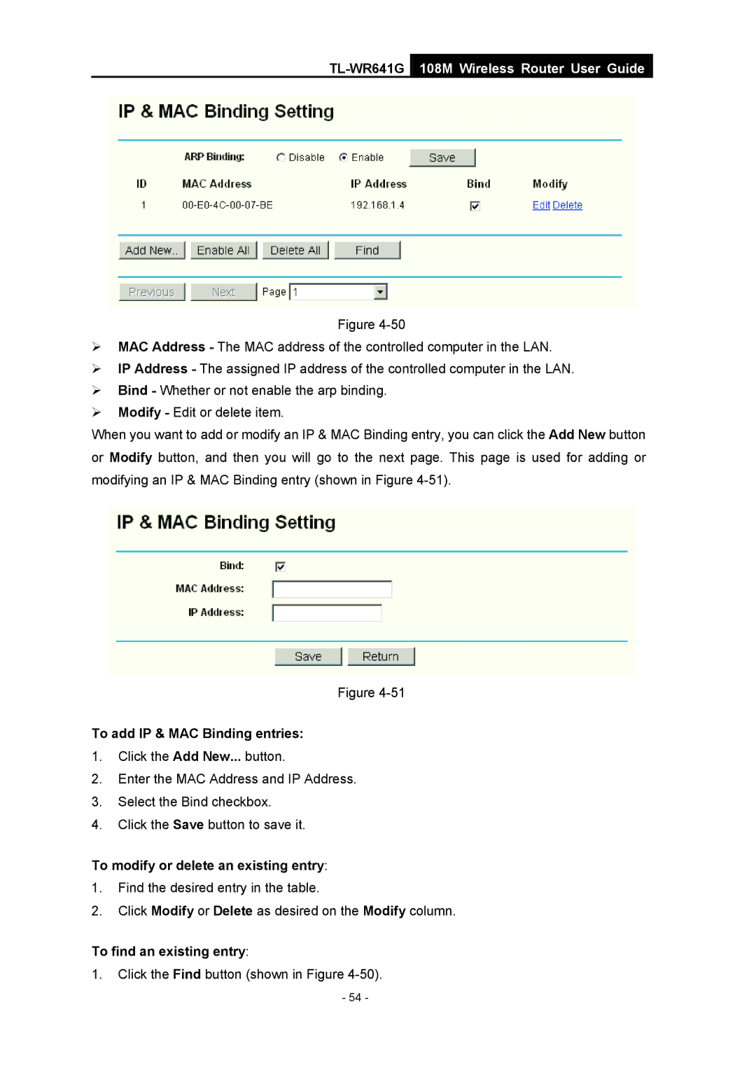 Vizio TL-WR641G manual To add IP & MAC Binding entries, To modify or delete an existing entry, To find an existing entry 