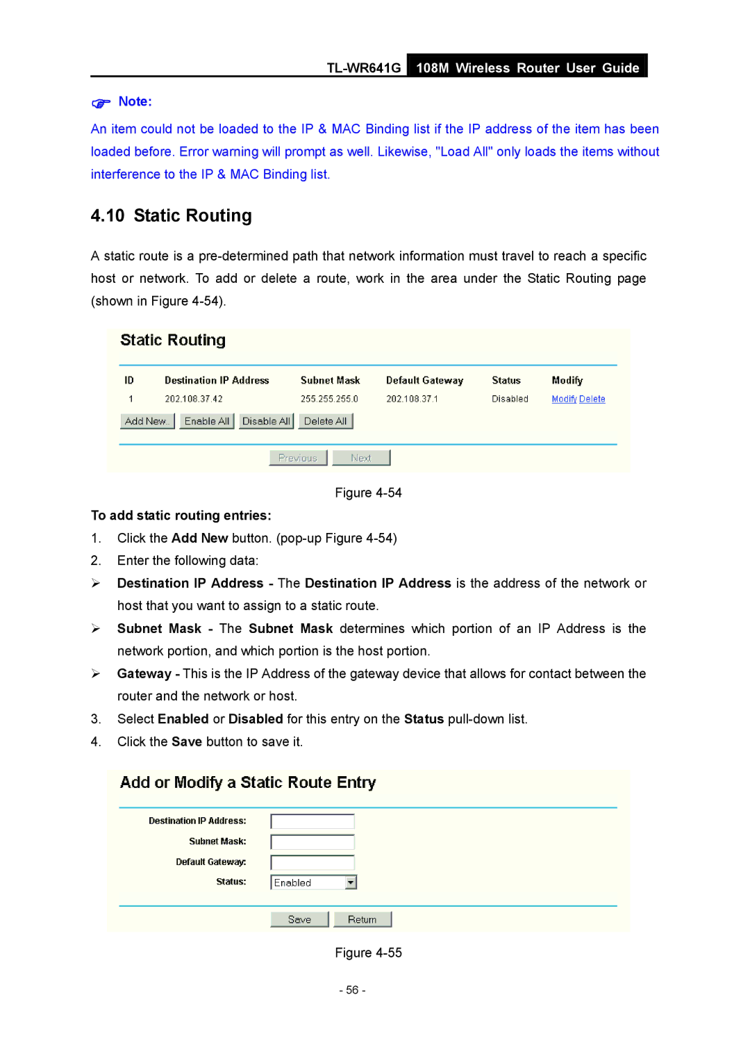 Vizio TL-WR641G manual Static Routing, To add static routing entries 