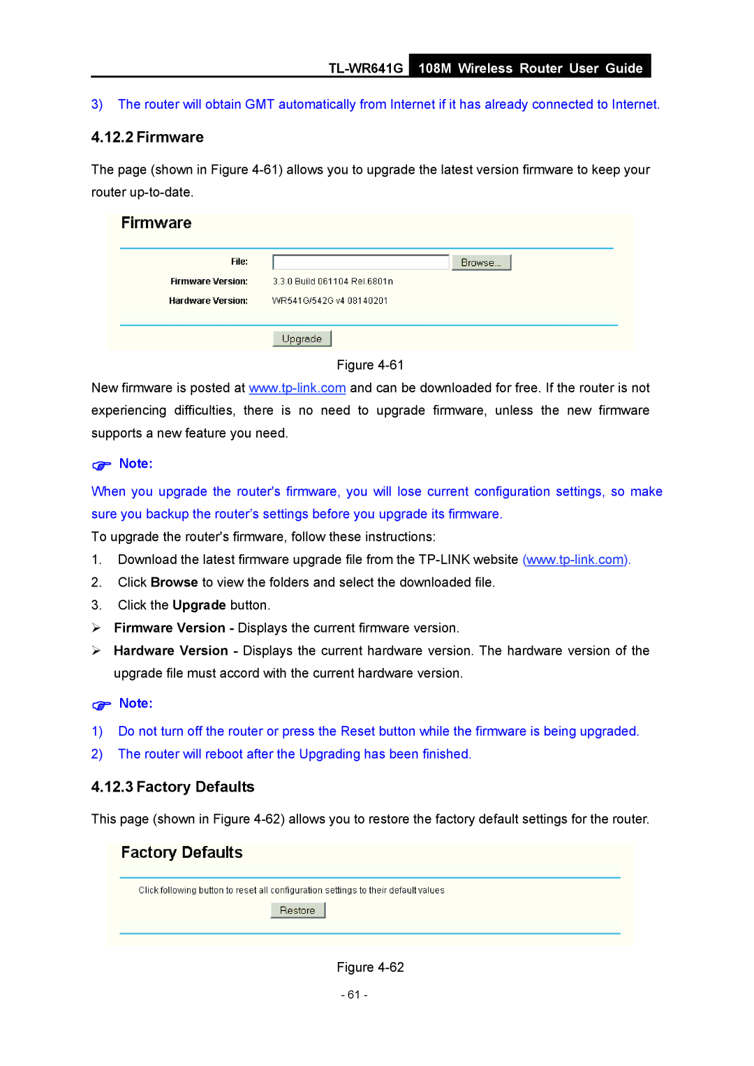 Vizio TL-WR641G manual Firmware, Factory Defaults 