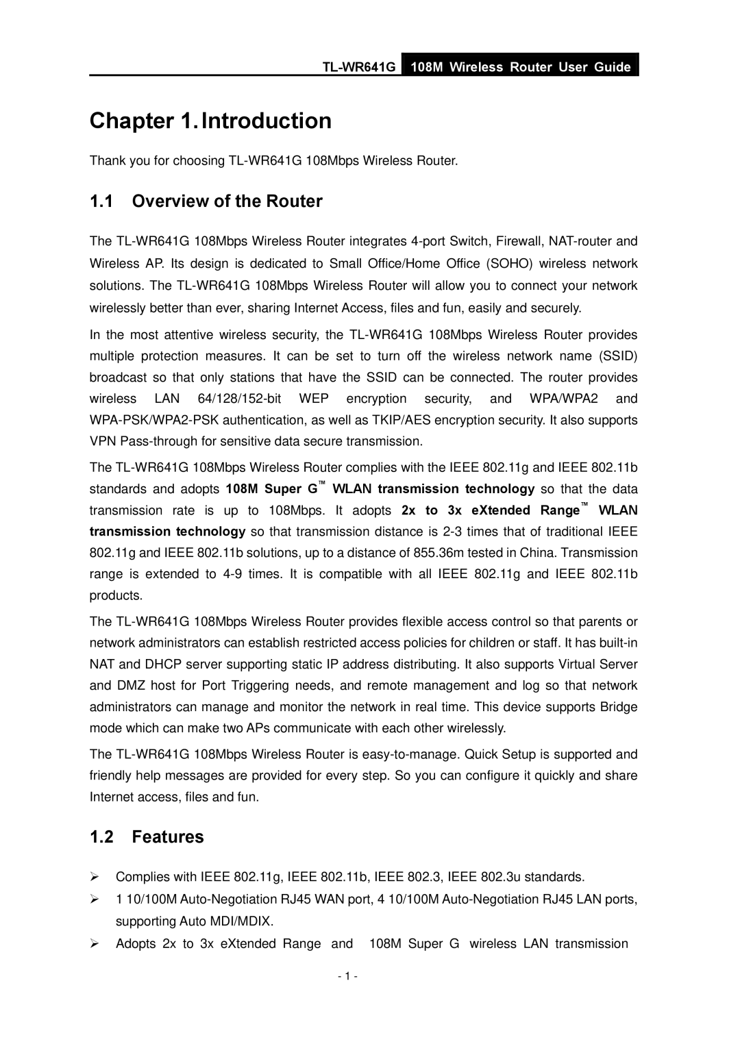 Vizio TL-WR641G manual Overview of the Router, Features 