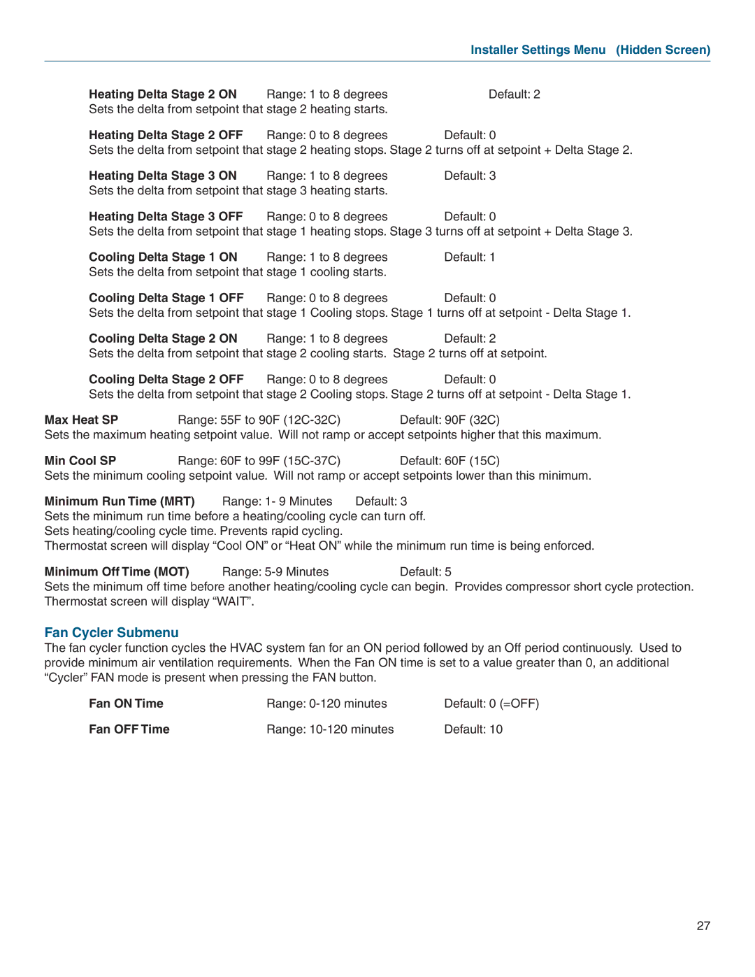 Vizio TZEMT400AB32MAA warranty Fan Cycler Submenu, Installer Settings Menu Hidden Screen 