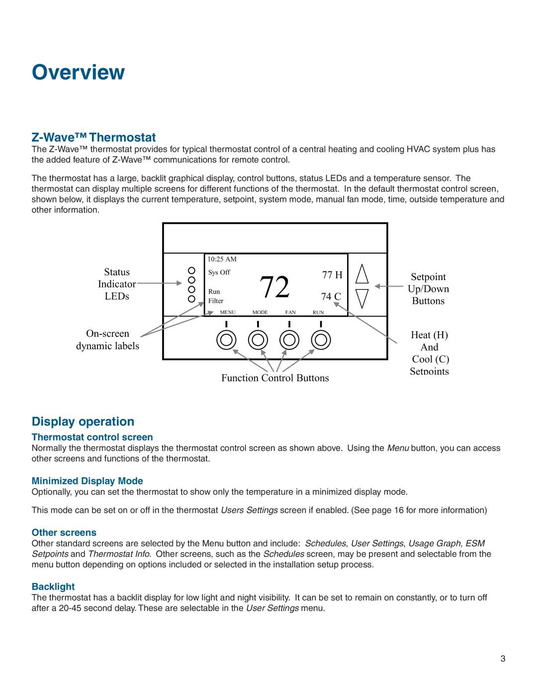 Vizio TZEMT400AB32MAA warranty Overview, Wave Thermostat, Display operation 