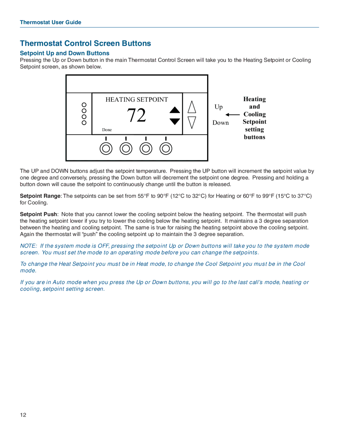 Vizio TZEMT400AB32MAA warranty Thermostat Control Screen Buttons, Heating Cooling Down Setpoint Setting Buttons 