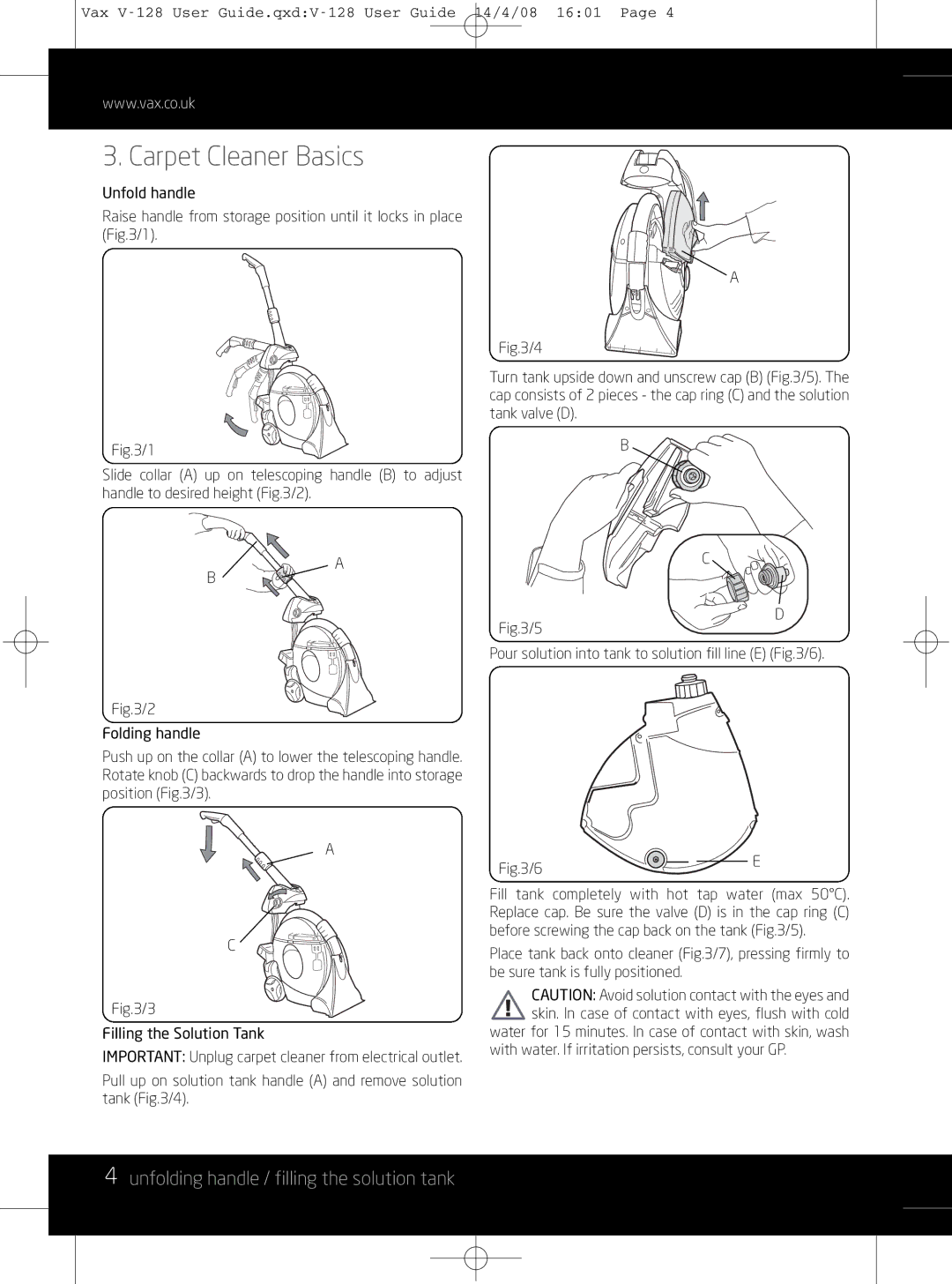 Vizio V-128 instruction manual Carpet Cleaner Basics, Unfolding handle / filling the solution tank 