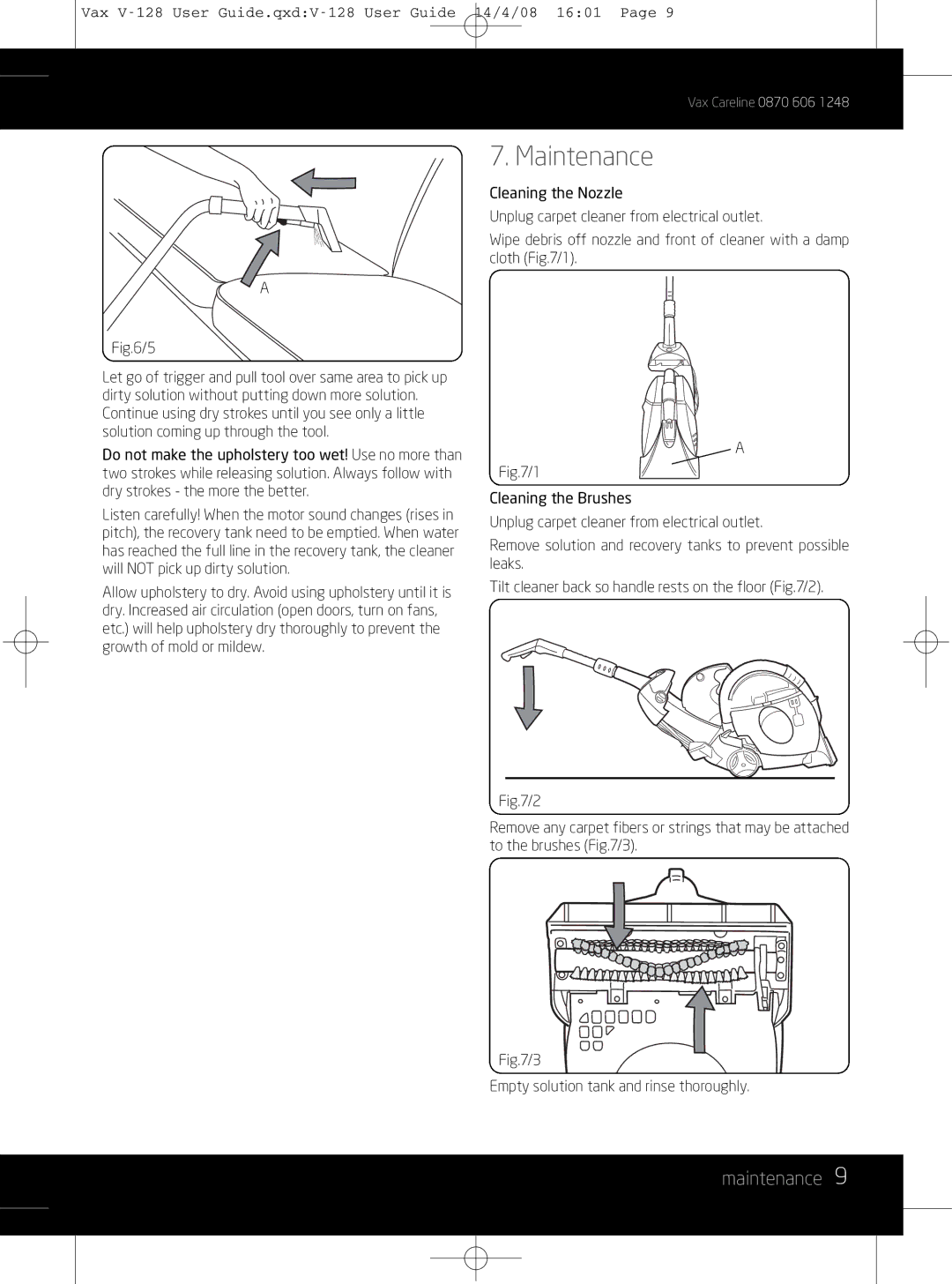 Vizio V-128 instruction manual Maintenance 