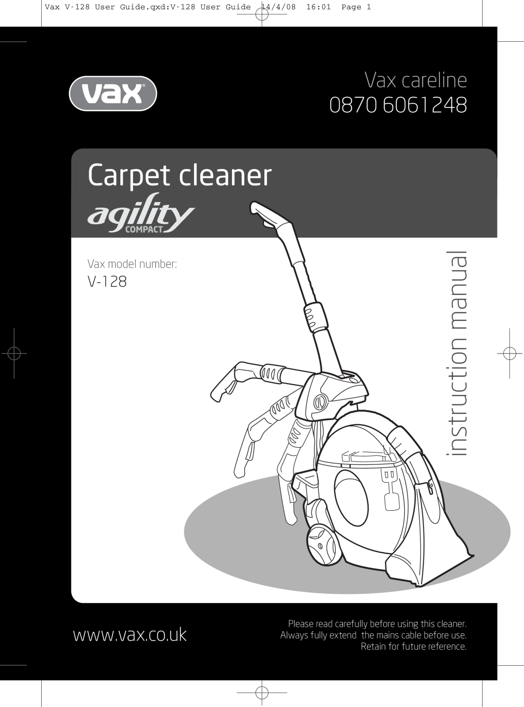 Vizio V-128 instruction manual Carpet cleaner, Vax careline, Vax model number 