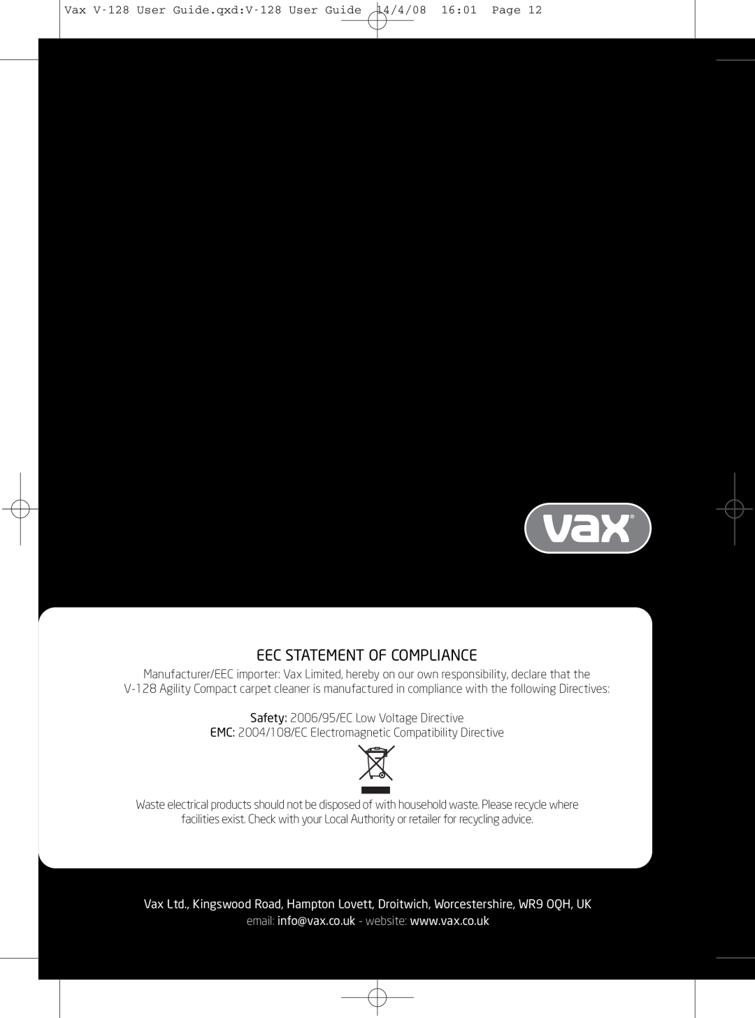Vizio V-128 instruction manual Eec Statement Of Compliance 