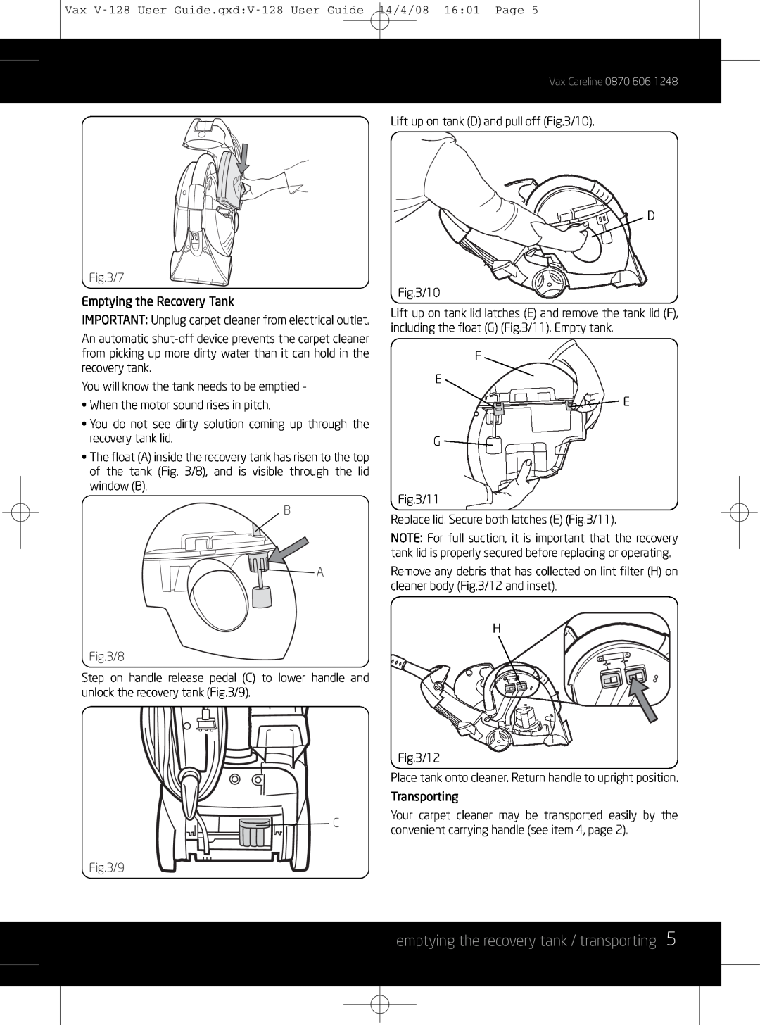 Vizio V-128 instruction manual emptying the recovery tank / transporting 