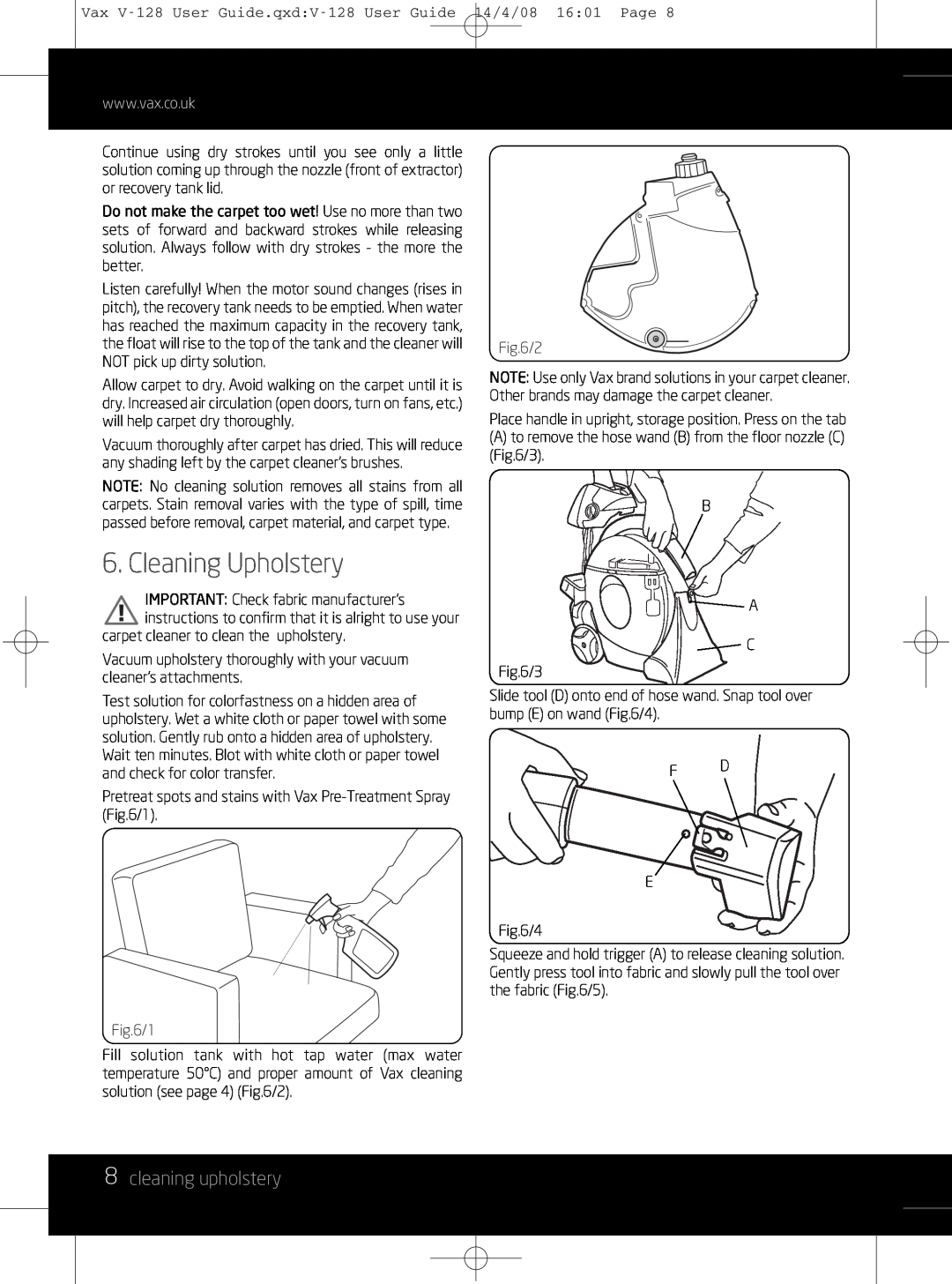 Vizio V-128 instruction manual Cleaning Upholstery, 8cleaning upholstery 