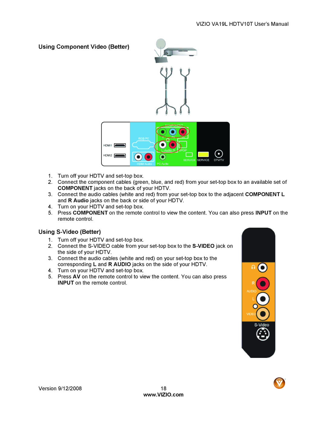 Vizio VA19L HDTV10T manual Using Component Video Better, Using S-Video Better 