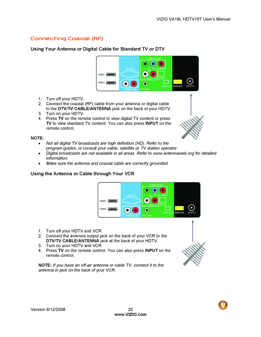 Vizio VA19L HDTV10T manual Connecting Coaxial RF, Using Your Antenna or Digital Cable for Standard TV or DTV 