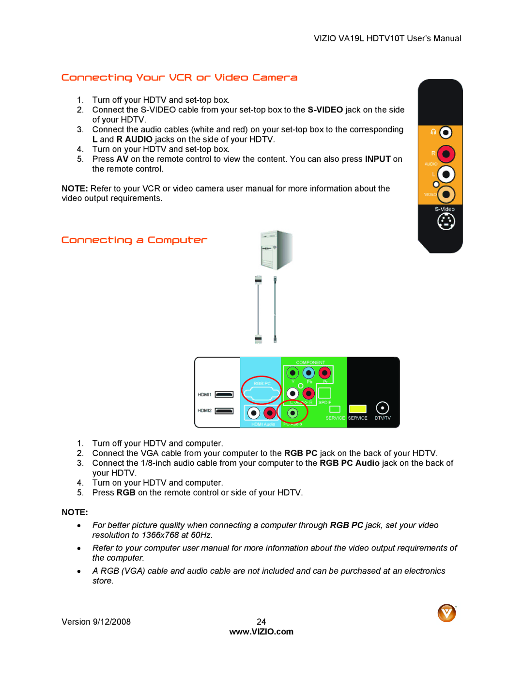 Vizio VA19L HDTV10T manual Connecting Your VCR or Video Camera, Connecting a Computer 