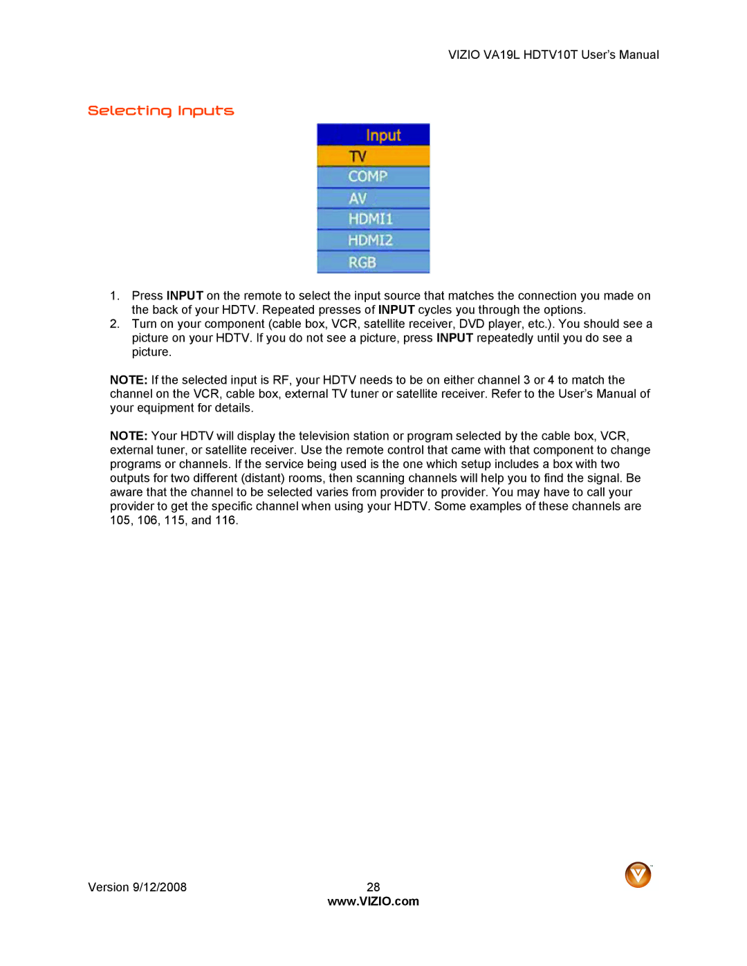Vizio VA19L HDTV10T manual Selecting Inputs 