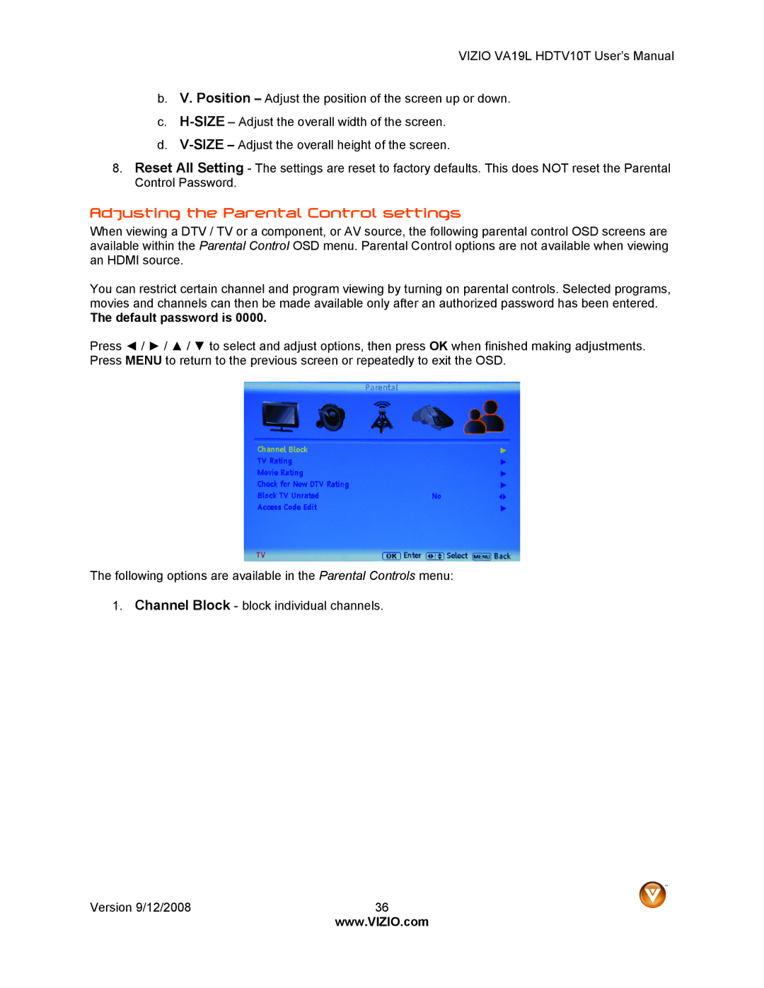 Vizio VA19L HDTV10T manual Adjusting the Parental Control settings, Default password is 