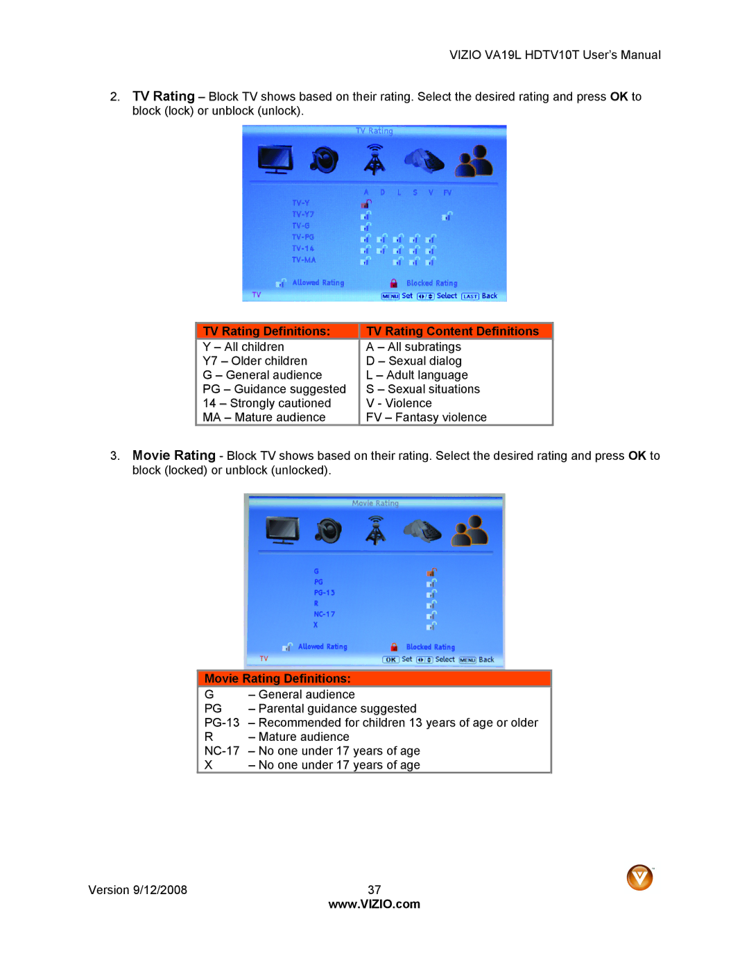 Vizio VA19L HDTV10T manual TV Rating Definitions TV Rating Content Definitions, Movie Rating Definitions 