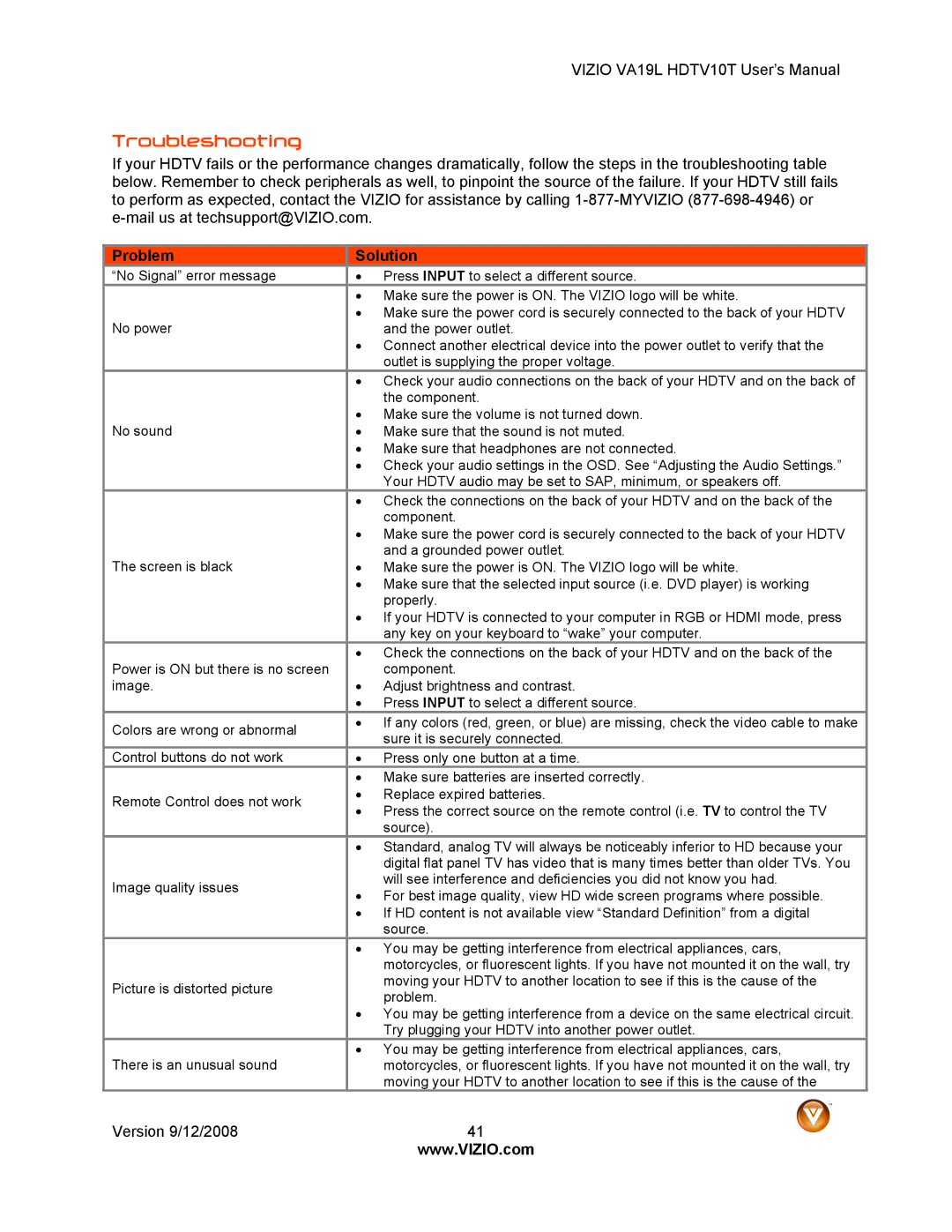 Vizio VA19L HDTV10T manual Troubleshooting, Problem, Solution 