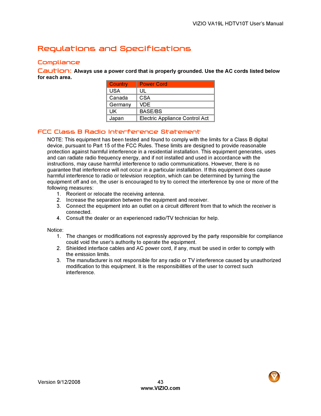 Vizio VA19L HDTV10T manual Regulations and Specifications, Compliance, FCC Class B Radio Interference Statement 