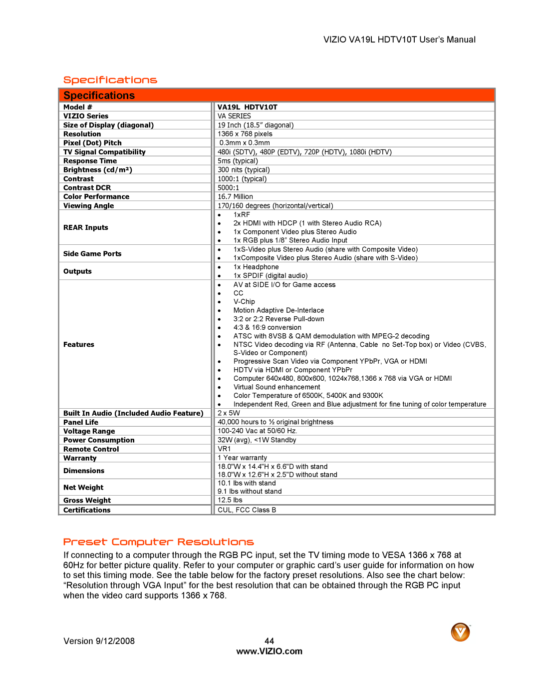 Vizio VA19L HDTV10T manual Specifications, Preset Computer Resolutions 