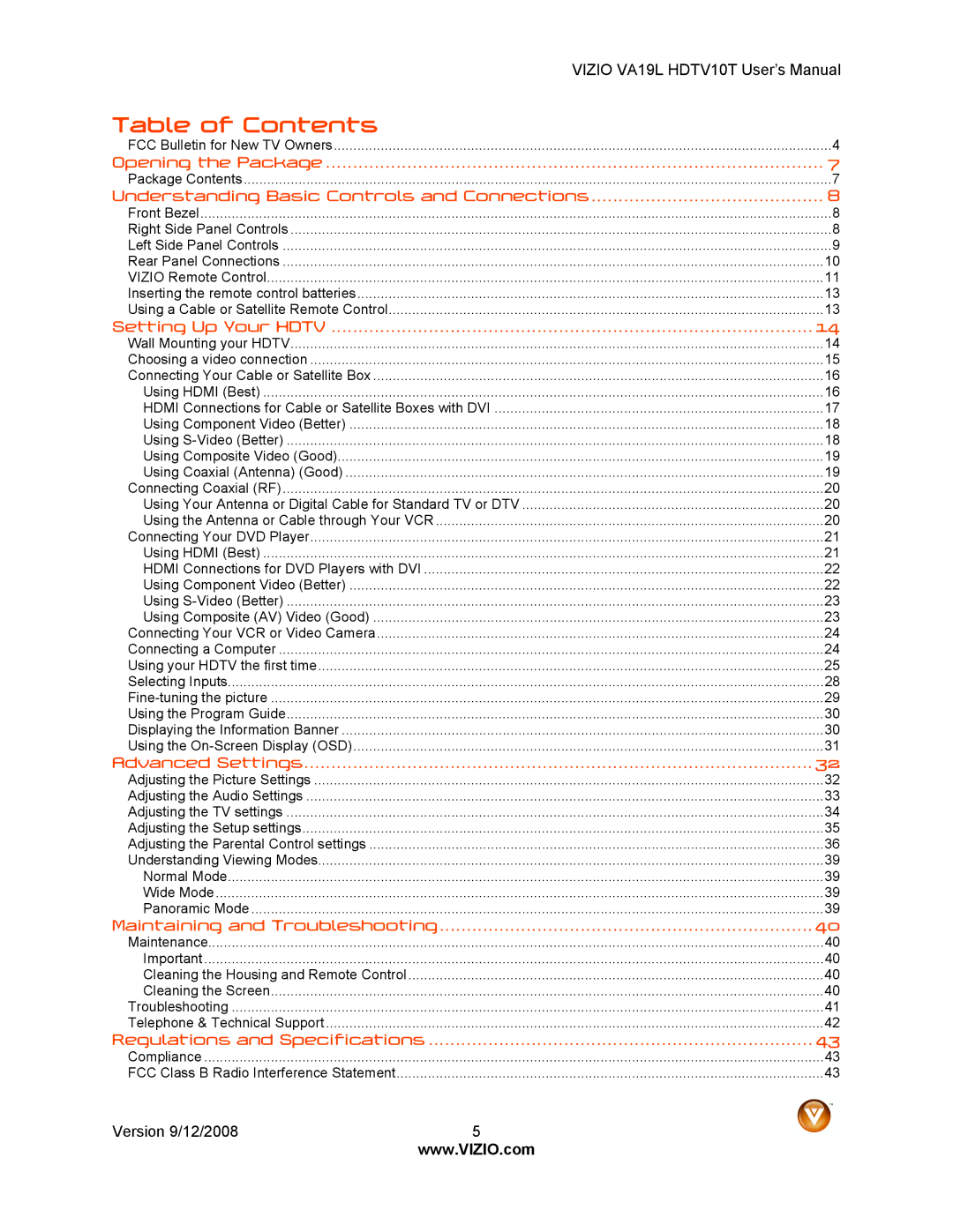 Vizio VA19L HDTV10T manual Table of Contents 