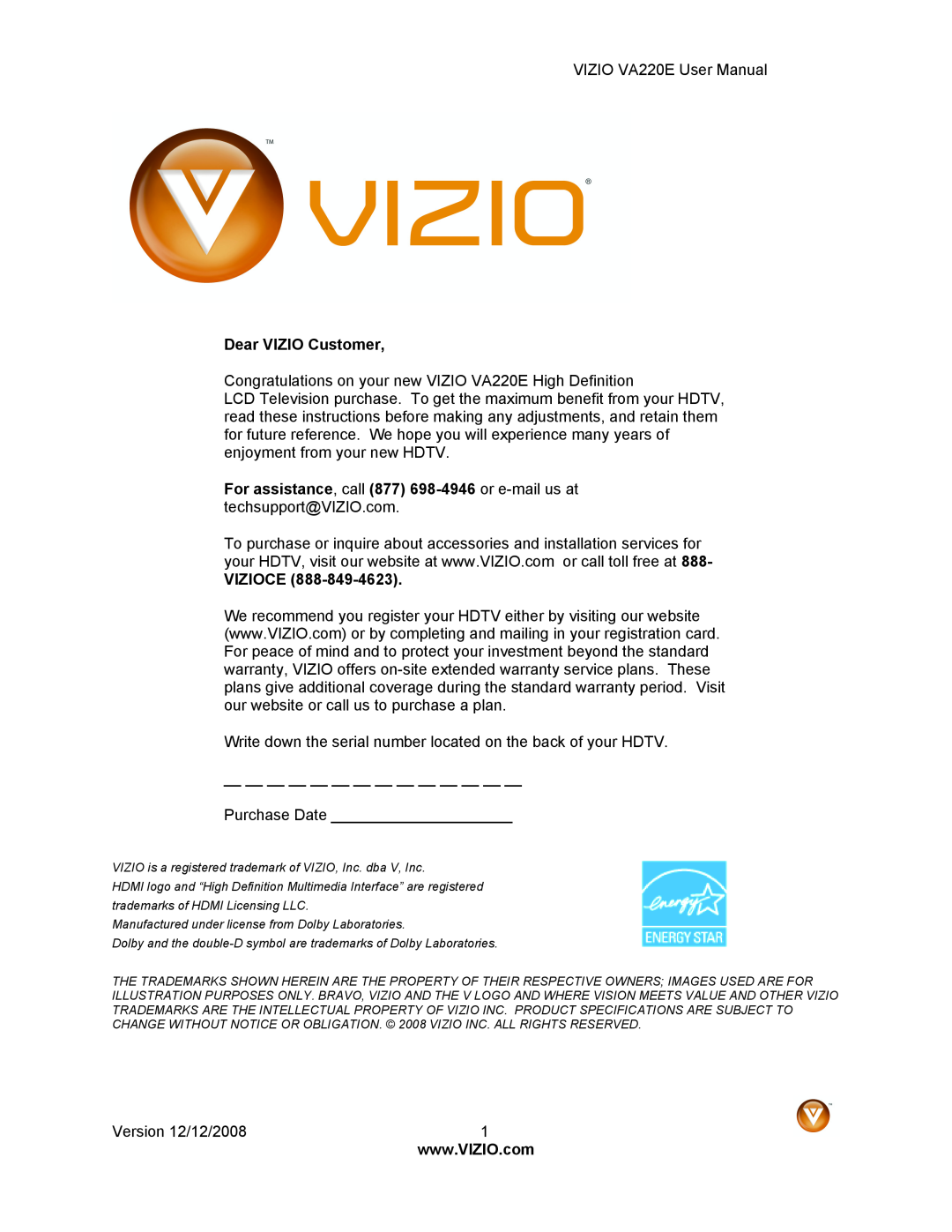 Vizio VA220E user manual Dear VIZIO Customer, Vizioce 