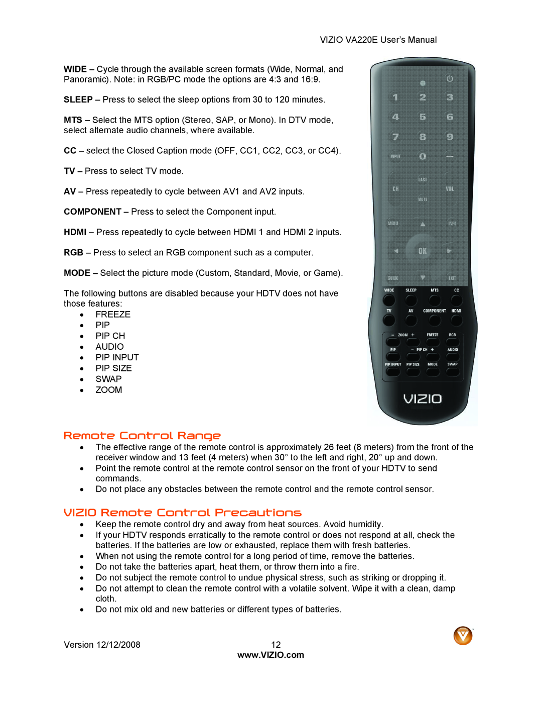 Vizio VA220E user manual Remote Control Range, VIZIO Remote Control Precautions 