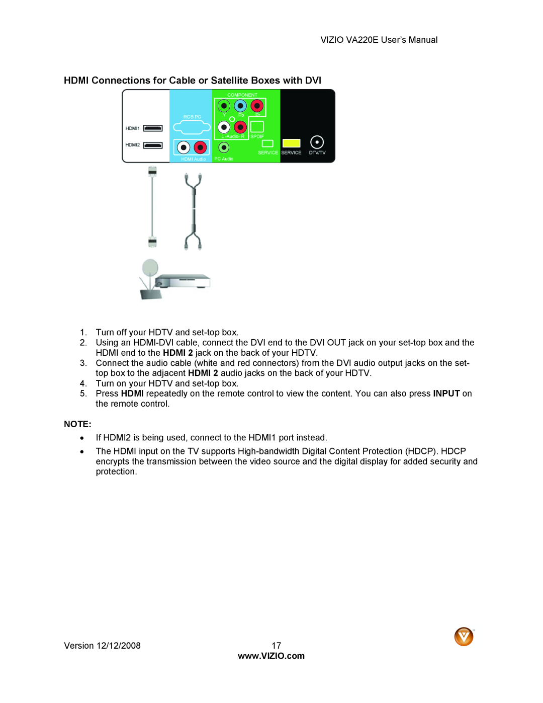 Vizio VA220E user manual HDMI Connections for Cable or Satellite Boxes with DVI 