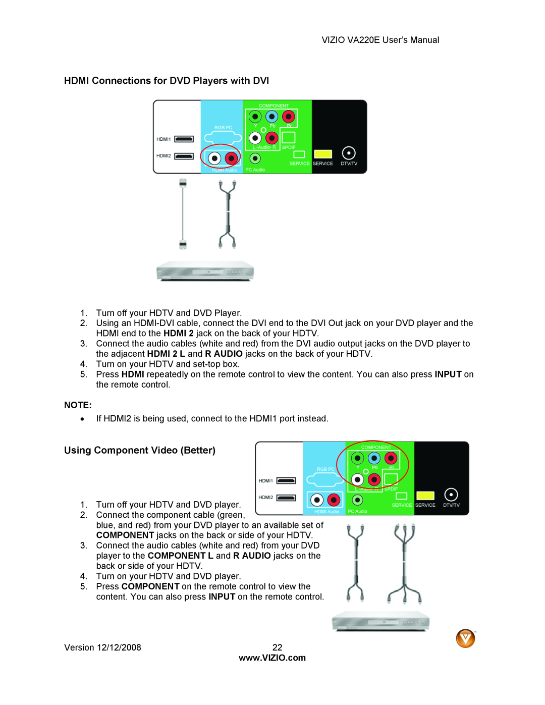 Vizio VA220E user manual HDMI Connections for DVD Players with DVI, Using Component Video Better 