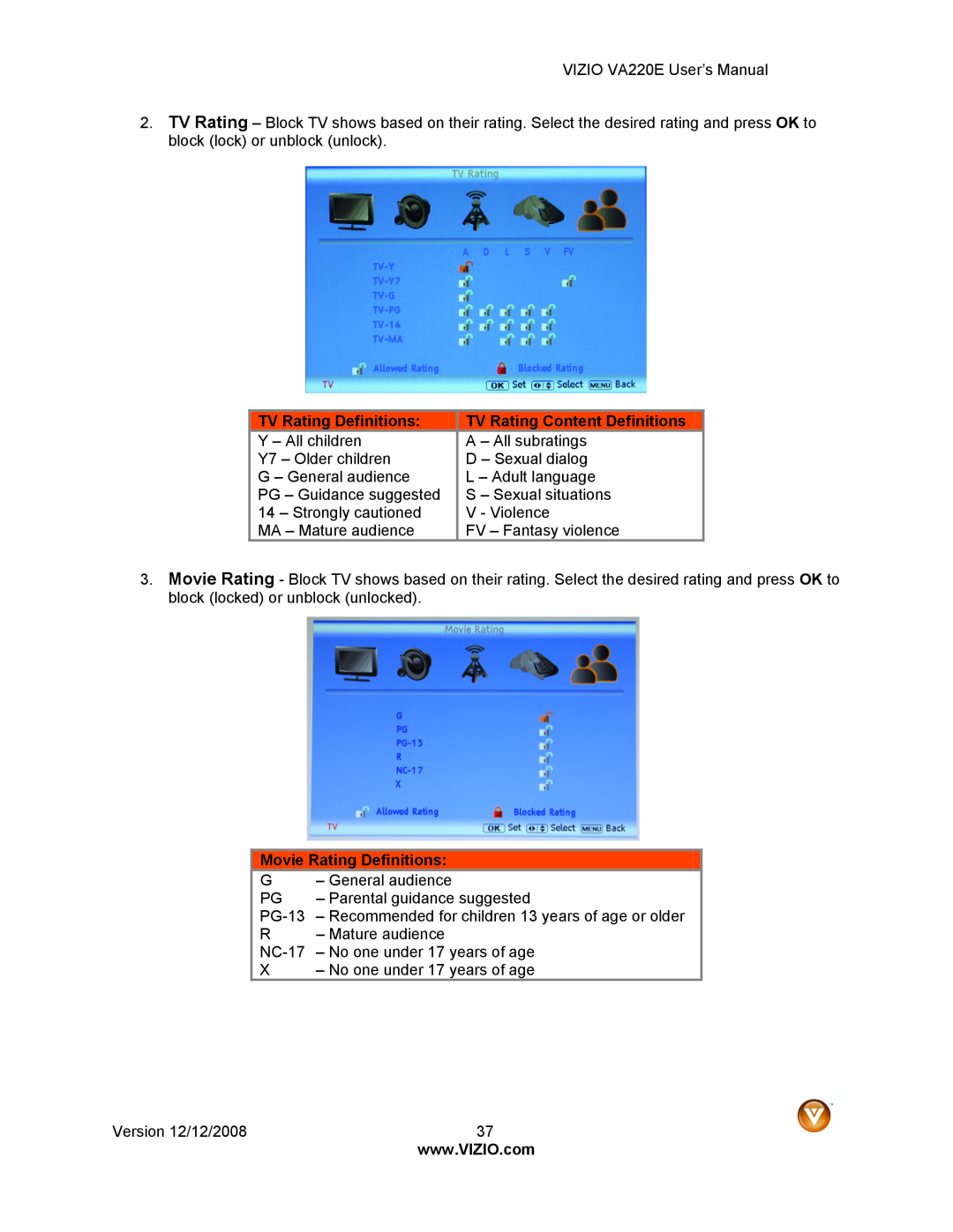 Vizio VA220E user manual TV Rating Definitions, TV Rating Content Definitions, Movie Rating Definitions 