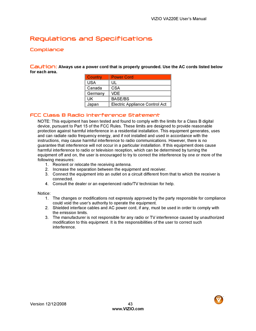 Vizio VA220E user manual Regulations and Specifications, Compliance, FCC Class B Radio Interference Statement 