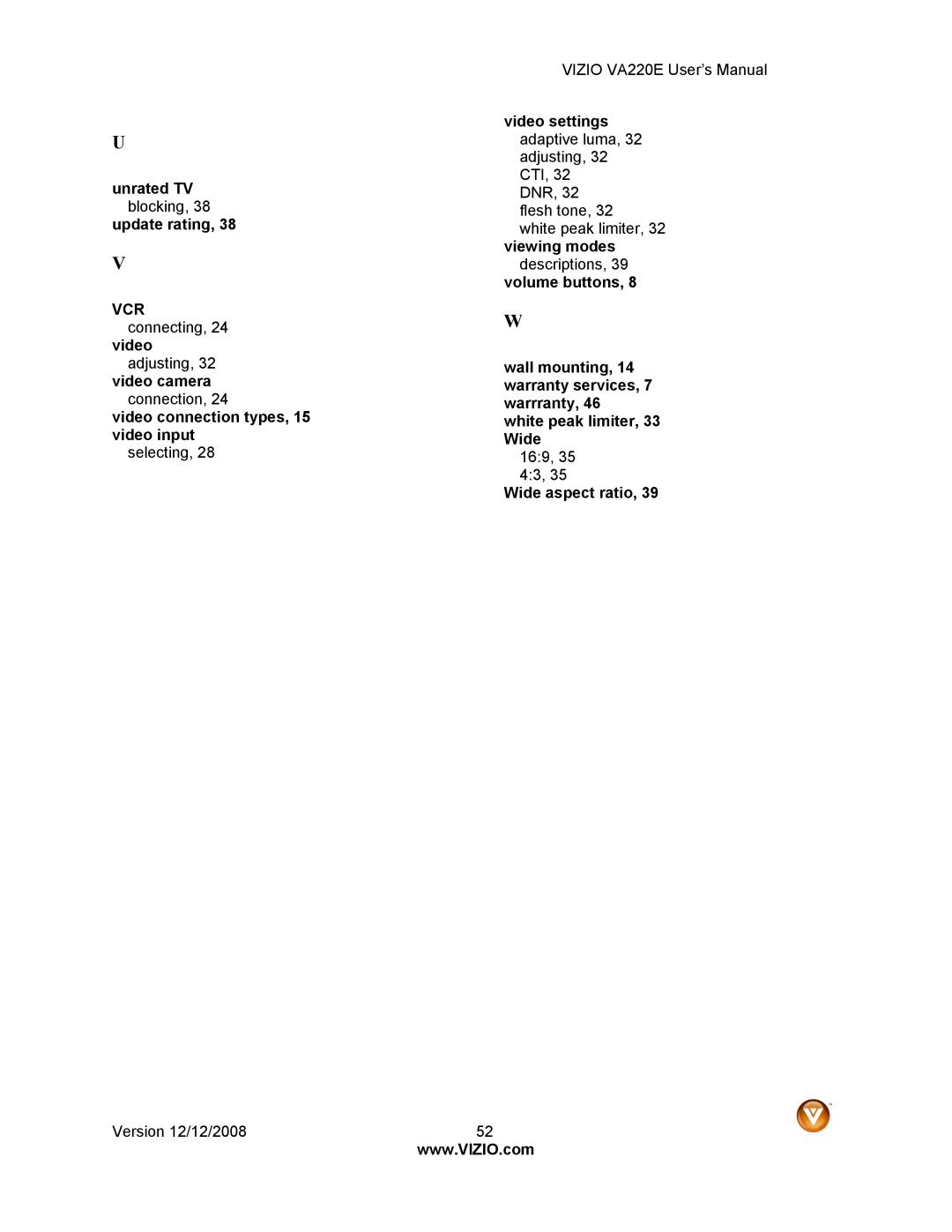 Vizio VA220E user manual 