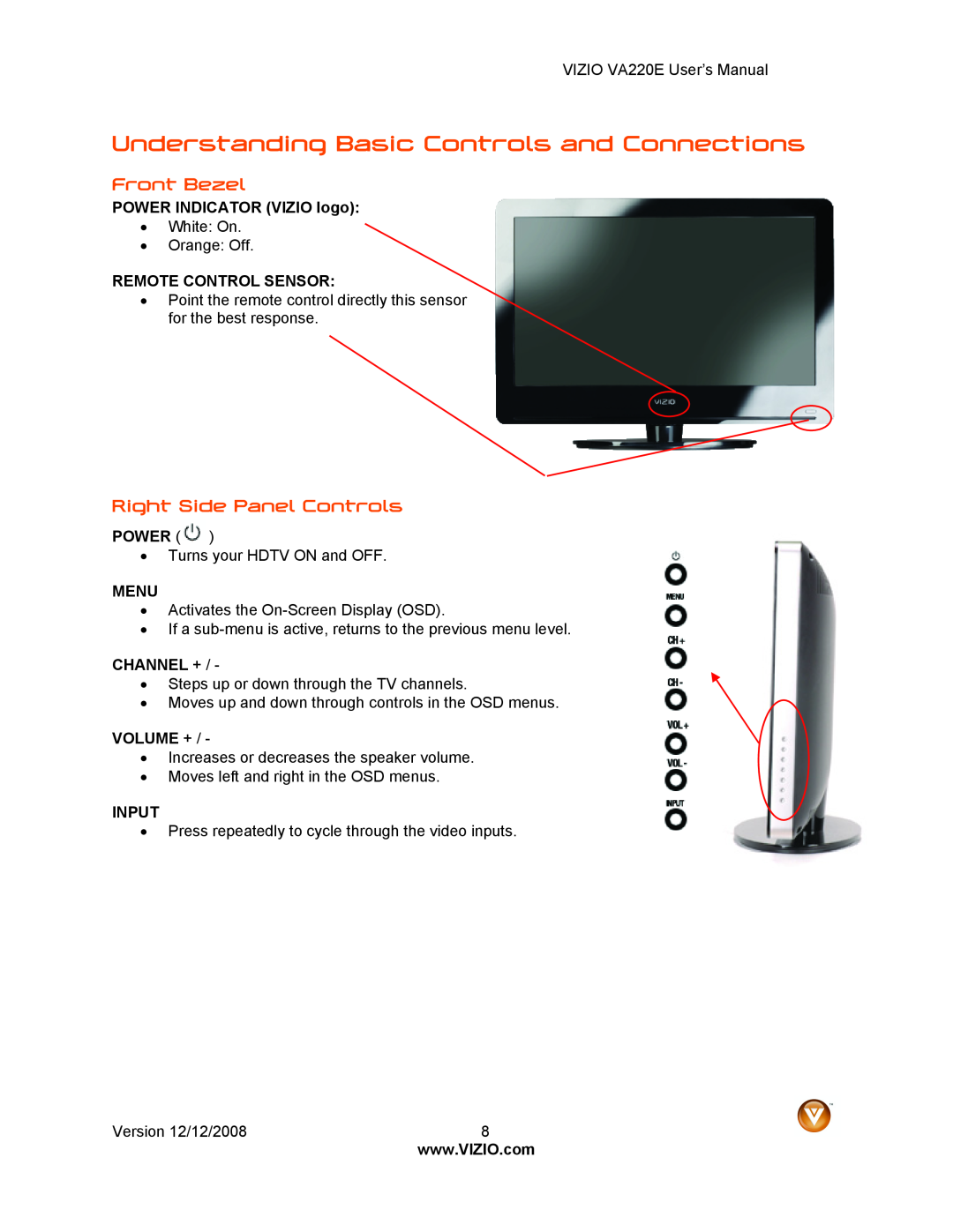 Vizio VA220E user manual Understanding Basic Controls and Connections, Front Bezel, Right Side Panel Controls 