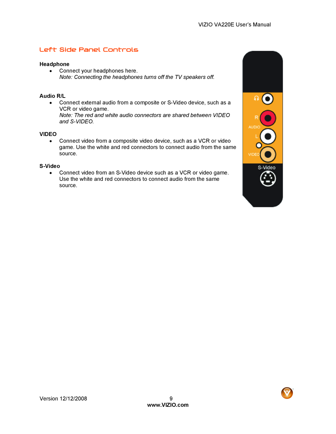 Vizio VA220E user manual Left Side Panel Controls, Headphone, Audio R/L, S-Video 
