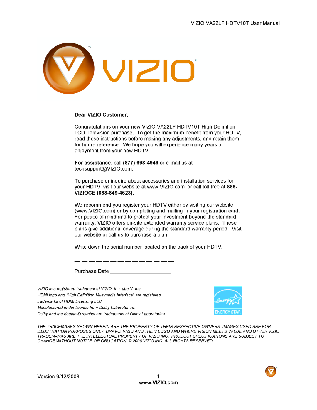 Vizio VA22LF HDTV10T user manual Dear Vizio Customer 