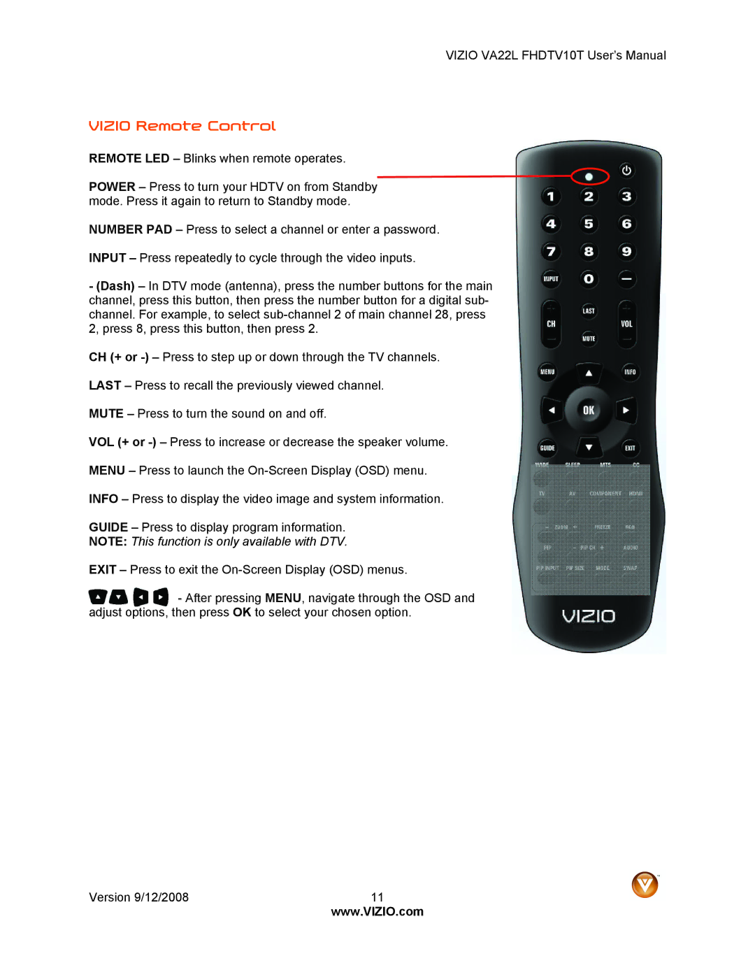 Vizio VA22LF HDTV10T user manual Vizio Remote Control 