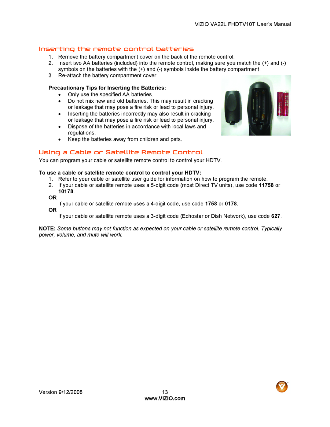 Vizio VA22LF HDTV10T user manual Inserting the remote control batteries, Using a Cable or Satellite Remote Control 