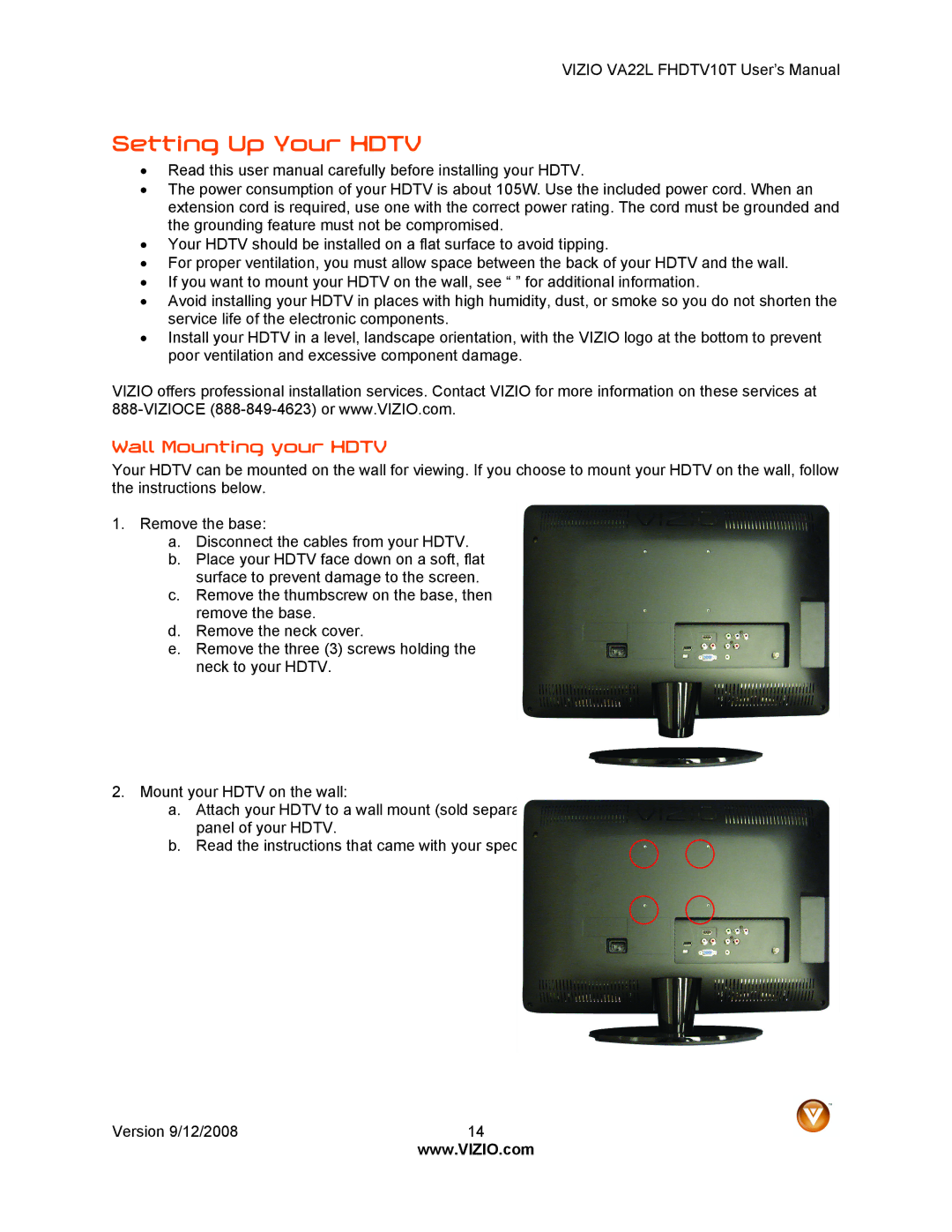 Vizio VA22LF HDTV10T user manual Setting Up Your Hdtv, Wall Mounting your Hdtv 