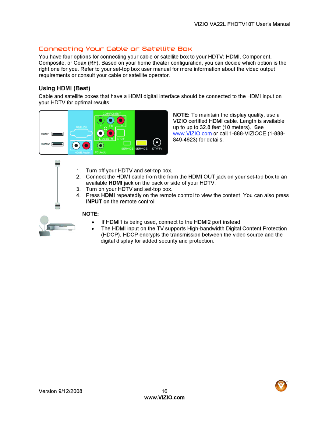 Vizio VA22LF HDTV10T user manual Connecting Your Cable or Satellite Box, Using Hdmi Best 