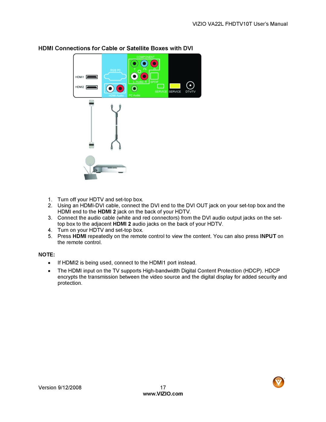 Vizio VA22LF HDTV10T user manual Hdmi Connections for Cable or Satellite Boxes with DVI 