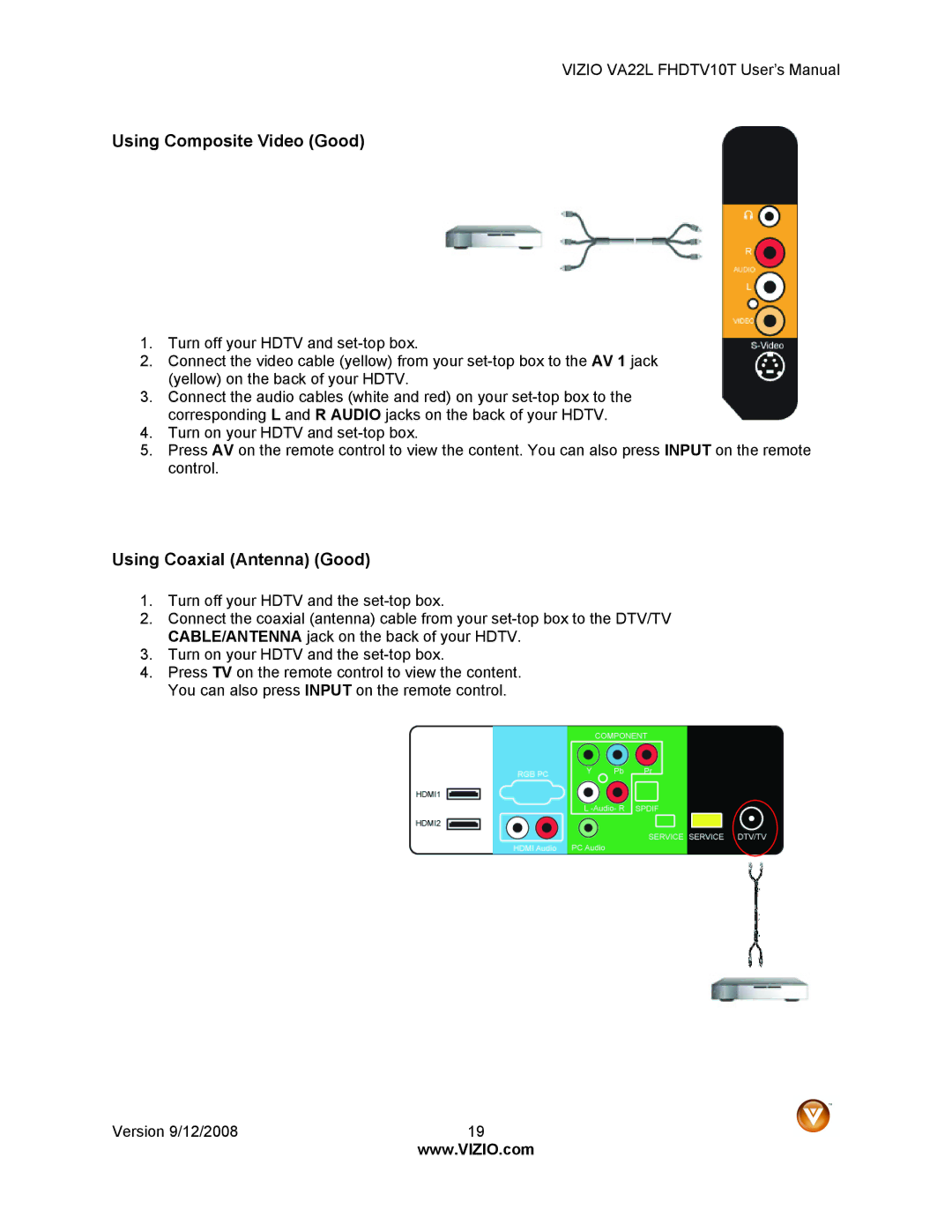 Vizio VA22LF HDTV10T user manual Using Composite Video Good, Using Coaxial Antenna Good 